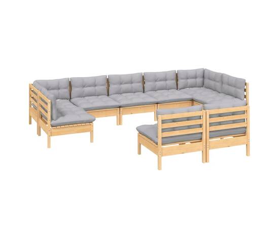 Set mobilier de grădină cu perne, 9 piese, gri, lemn masiv pin, 3 image