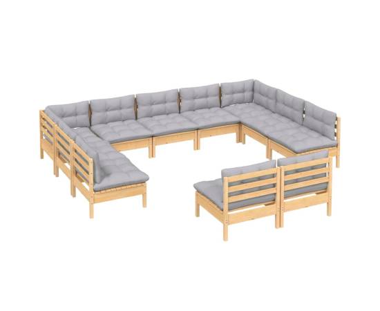 Set mobilier grădină cu perne, 11 piese, gri, lemn masiv pin, 3 image