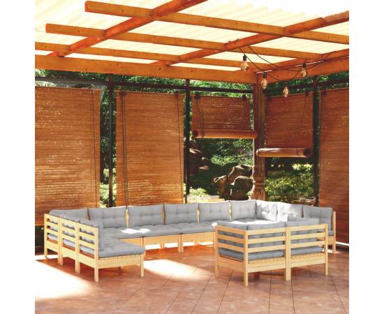 Set mobilier grădină cu perne, 11 piese, gri, lemn masiv pin
