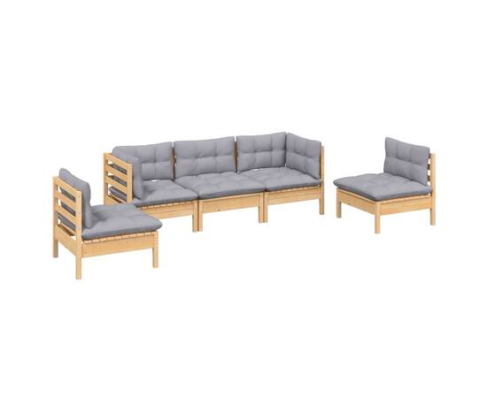 Set mobilier grădină cu perne, 5 piese, gri, lemn masiv pin, 3 image