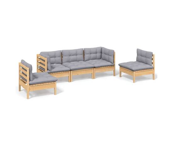 Set mobilier grădină cu perne, 5 piese, gri, lemn masiv pin, 2 image