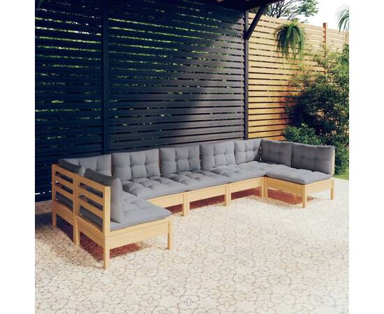 Set mobilier grădină cu perne, 7 piese, gri, lemn masiv pin