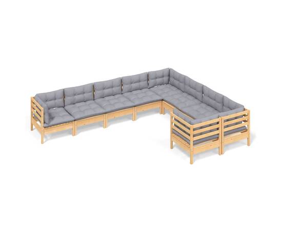 Set mobilier grădină cu perne, 9 piese, gri, lemn de pin, 2 image