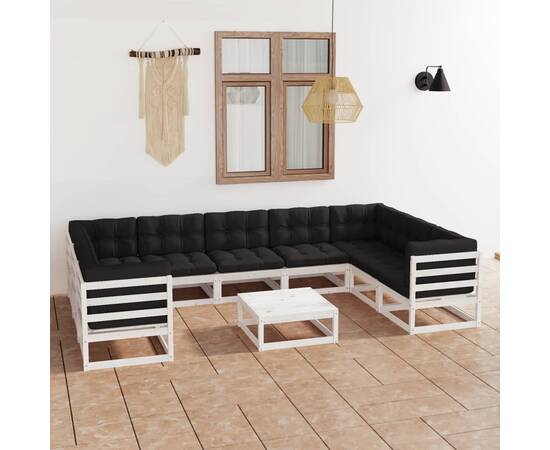 Set mobilier de grădină cu perne, 10 piese, alb, lemn masiv pin