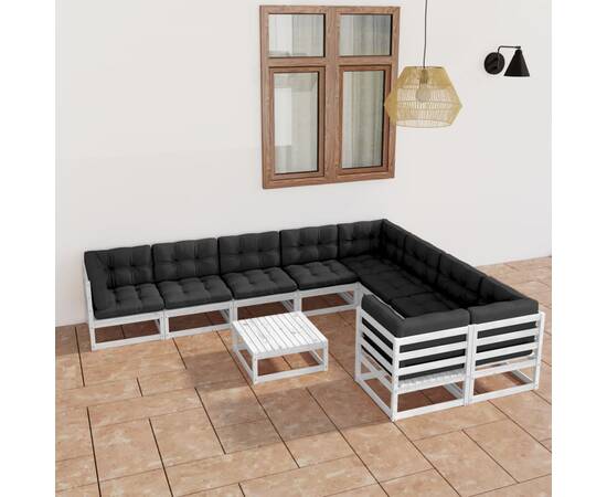 Set mobilier de grădină cu perne, 10 piese, alb, lemn masiv pin