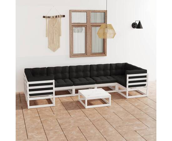 Set mobilier de grădină cu perne, 8 piese, alb, lemn masiv pin