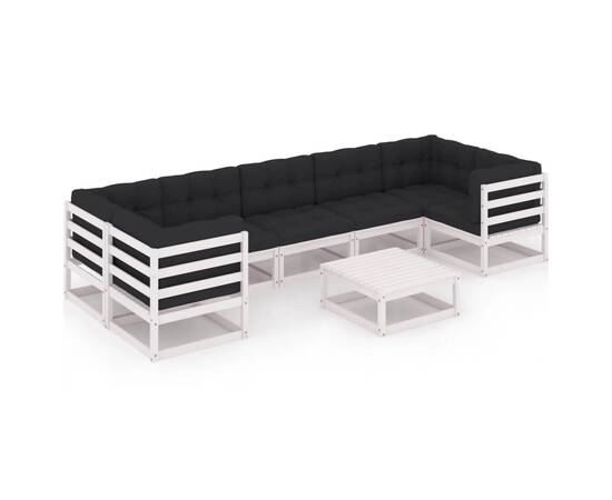 Set mobilier de grădină cu perne, 8 piese, alb, lemn masiv pin, 2 image