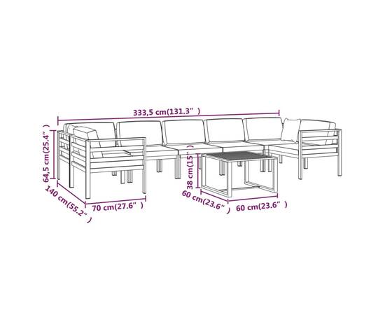 Set mobilier de grădină cu perne, 8 piese, antracit, aluminiu, 10 image