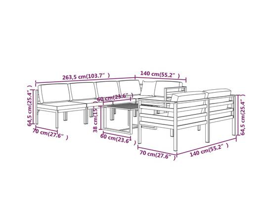 Set mobilier de grădină cu perne, 8 piese, antracit, aluminiu, 10 image