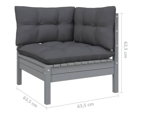 Set mobilier de grădină cu perne, 11 piese, gri, lemn masiv pin, 7 image