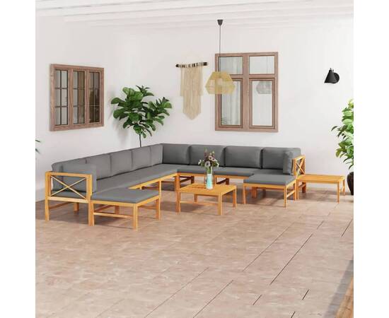 Set mobilier grădină cu perne gri, 12 piese, lemn masiv de tec