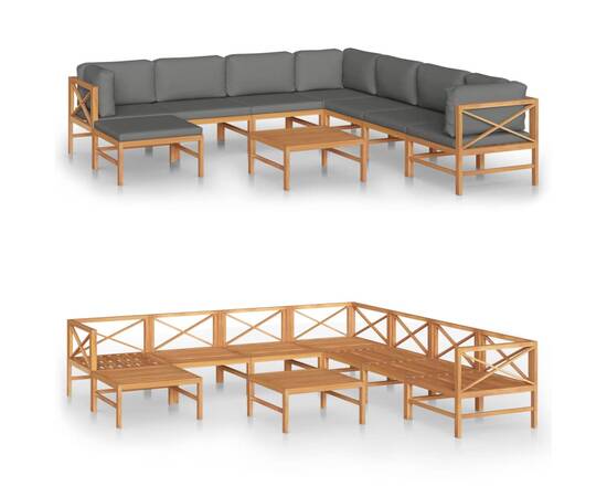 Set mobilier grădină cu perne gri, 9 piese, lemn masiv de tec, 2 image