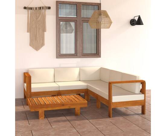 Set mobilier grădină perne alb/crem, 6 piese, lemn masiv acacia