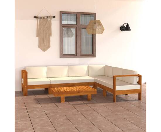 Set mobilier grădină perne alb/crem, 7 piese, lemn masiv acacia