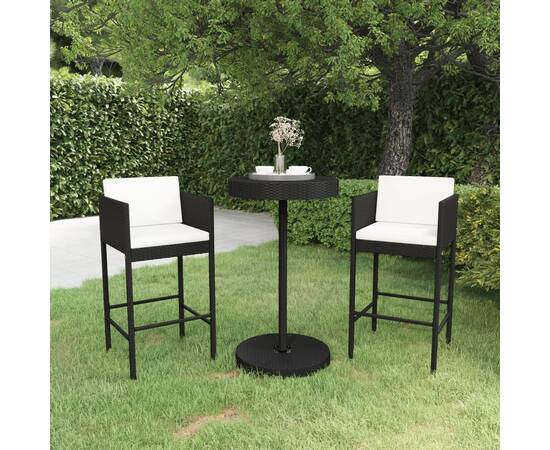 Set mobilier bar de grădină cu perne, 3 piese, negru, poliratan