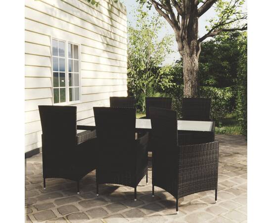 Set mobilier de exterior cu perne, 7 piese, negru, poliratan