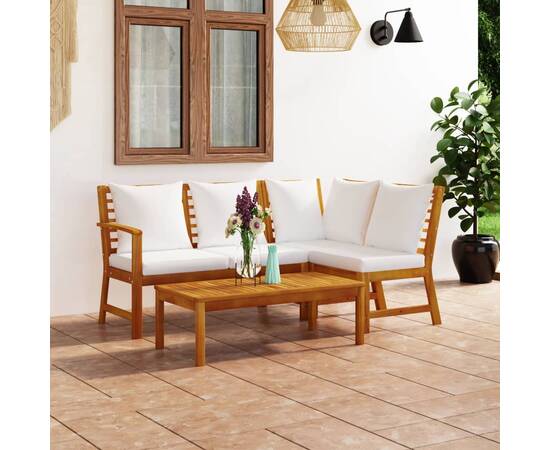 Set mobilier de grădină, 4 piese, perne crem, lemn masiv acacia