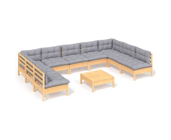 Set mobilier de grădină cu perne, 10 piese, gri, lemn masiv pin, 2 image