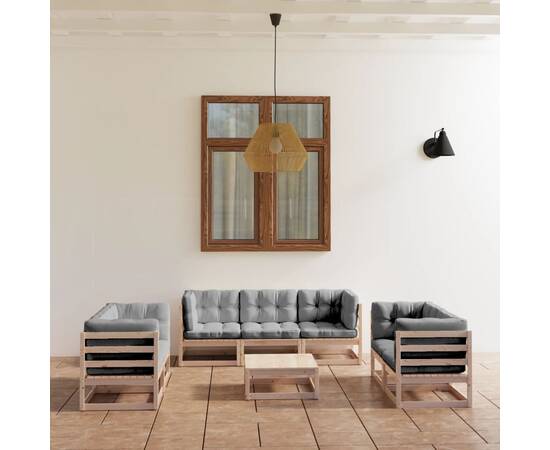Set mobilier de grădină cu perne, 8 piese, lemn masiv de pin
