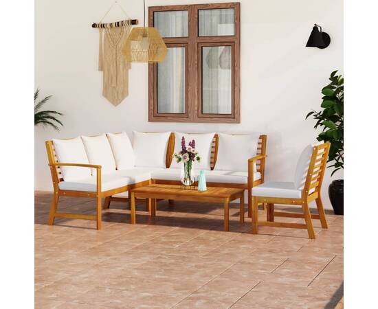 Set mobilier de grădină cu perne crem, 5 piese, lemn de acacia