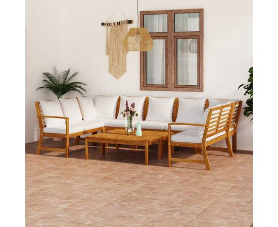 Set mobilier grădină cu perne, 9 piese, crem, lemn de acacia