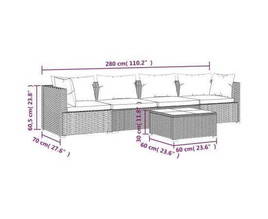 Set mobilier de grădină cu perne, 5 piese, negru, poliratan, 9 image