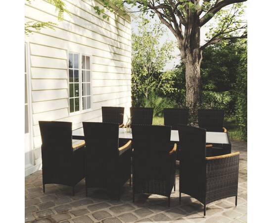 Set mobilier de exterior cu perne, 9 piese, negru, poliratan