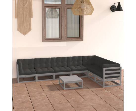 Set mobilier de grădină cu perne, 8 piese,gri,lemn masiv de pin