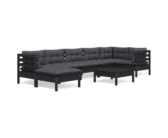 Set mobilier grădină cu perne, 8 piese, negru, lemn masiv pin, 2 image