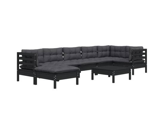 Set mobilier grădină cu perne, 8 piese, negru, lemn masiv pin, 3 image