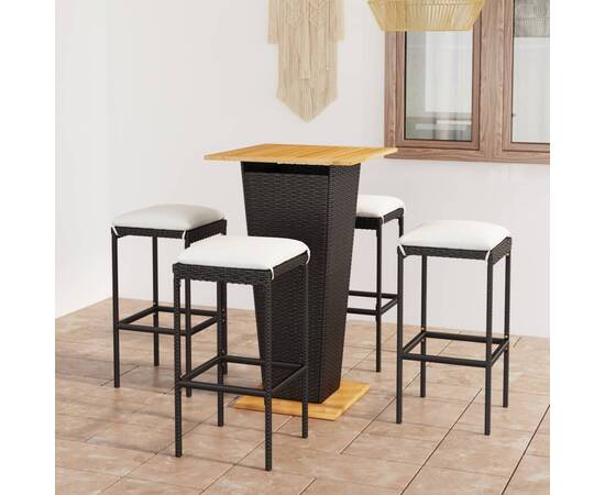 Set mobilier bar de grădină cu perne, 5 piese, negru, poliratan