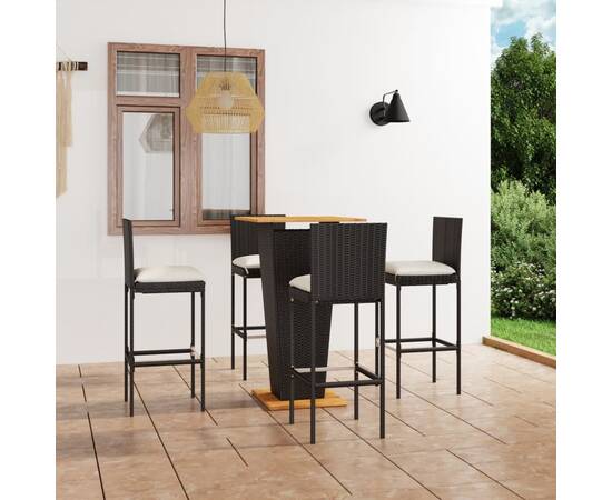 Set mobilier bar de grădină cu perne, 5 piese, negru, poliratan