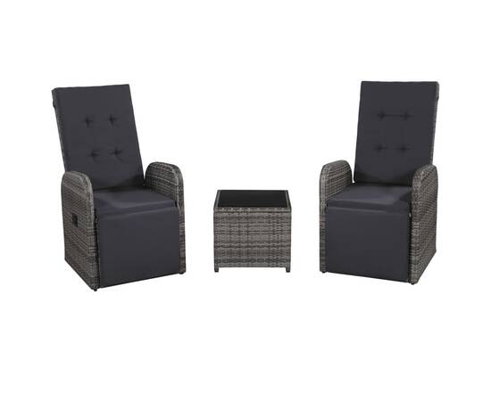 Set mobilier bistro cu perne, 3 piese, gri, poliratan