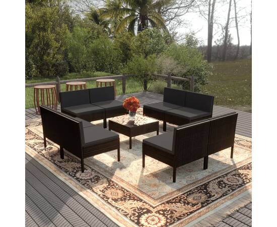 Set mobilier de grădină cu perne, 9 piese, negru, poliratan