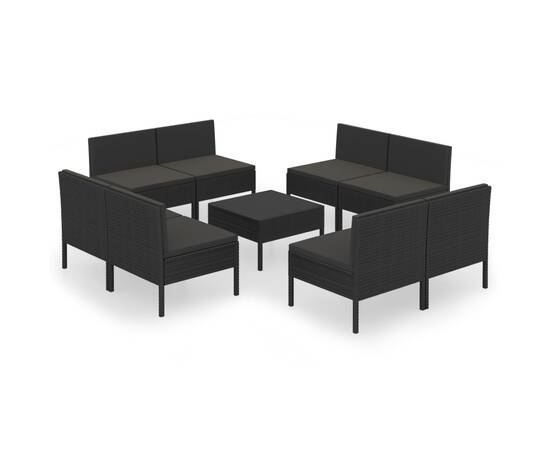 Set mobilier de grădină cu perne, 9 piese, negru, poliratan, 2 image