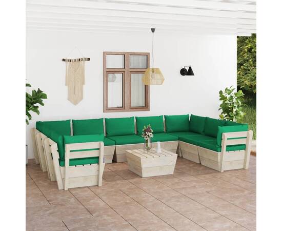 Set mobilier grădină paleți, 10 piese, cu perne, lemn de molid