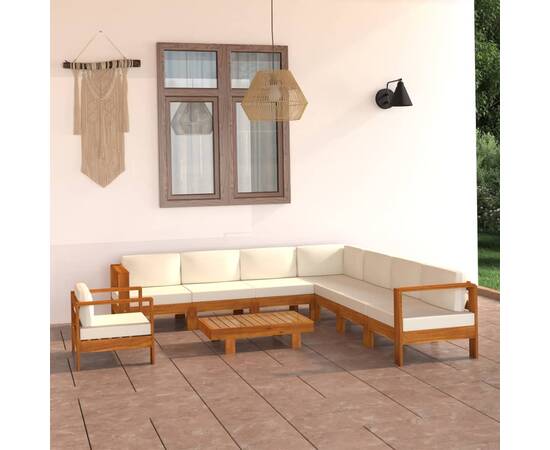 Set mobilier grădină perne alb crem, 9 piese, lemn masiv acacia