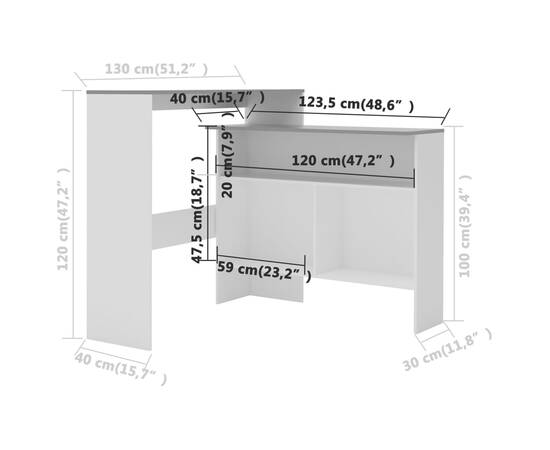 Masă de bar cu 2 blaturi, alb și gri, 130x40x120 cm, 10 image
