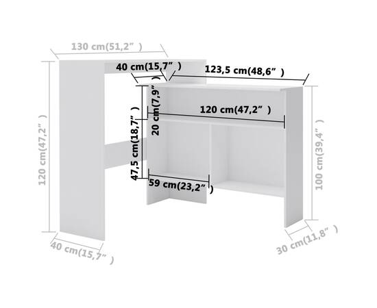 Masă de bar cu 2 blaturi, alb, 130x40x120 cm, 11 image