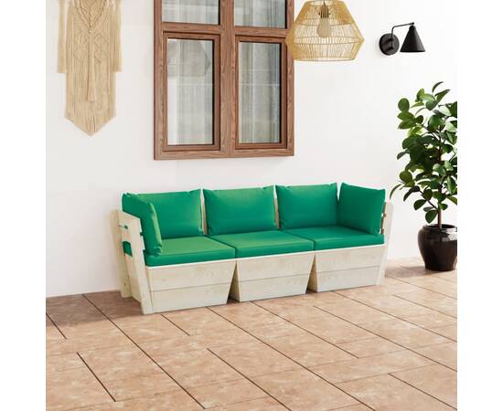 Canapea de grădină din paleți, 3 locuri, cu perne, lemn molid