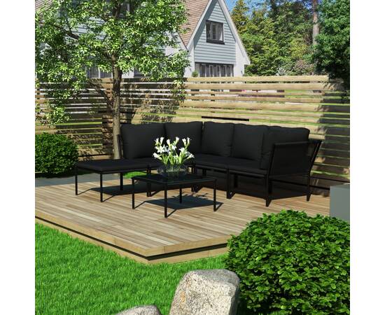 Set mobilier de grădină cu perne, 6 piese, negru, pvc