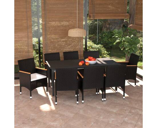 Set mobilier de grădină cu perne, 9 piese, negru, poliratan