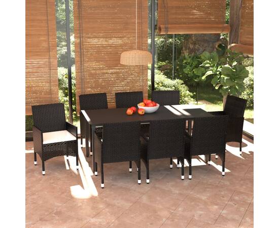 Set mobilier de grădină cu perne, 9 piese, negru, poliratan