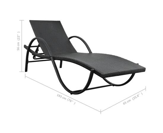 Șezlong de plajă cu pernă și masă, negru, poliratan, 10 image