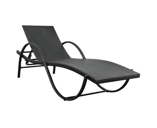 Șezlong de plajă cu pernă și masă, negru, poliratan, 3 image