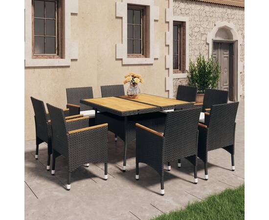 Set mobilier de grădină, 9 piese, negru, poliratan/lemn acacia