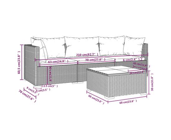 Set mobilier de grădină cu perne, 4 piese, maro, poliratan, 9 image