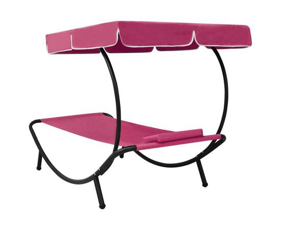 Pat șezlong de exterior cu baldachin și pernă, roz, 4 image