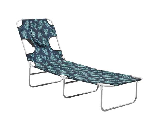 Șezlong de plajă pliabil cu tetieră, oțel, imprimeu cu frunze, 4 image