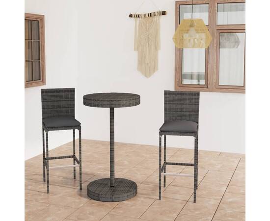 Set mobilier bar de grădină, cu perne, 3 piese, gri, poliratan